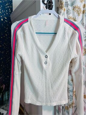 FPM White Long Sleeve Henley Top with Pink & Blue Stripe Detail